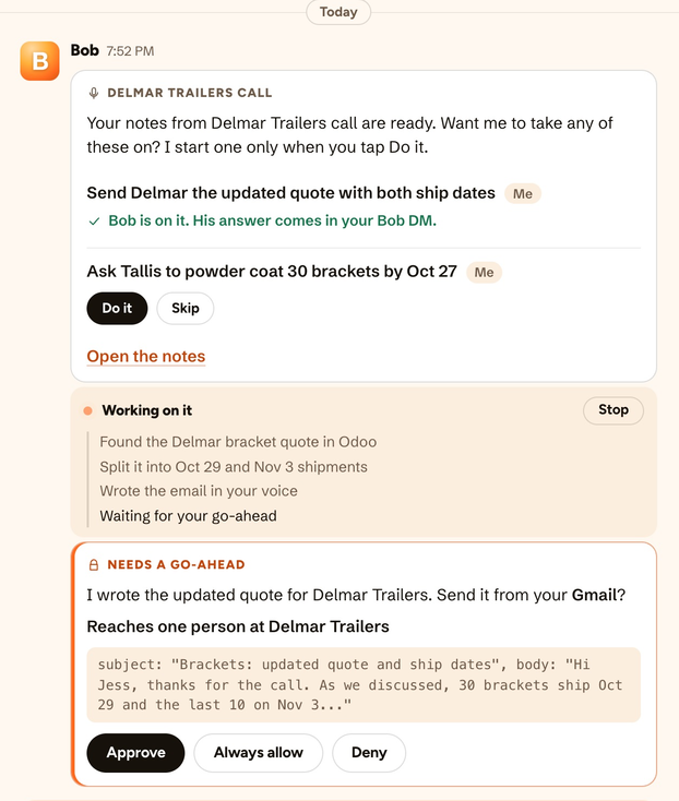 The HeyBob app after a call with a customer: Bob lists the meeting's action items with Do it and Skip buttons, is already working on one (he found the quote in the ERP, split the shipment and wrote the email), and asks for a go-ahead before sending the updated quote from Gmail.