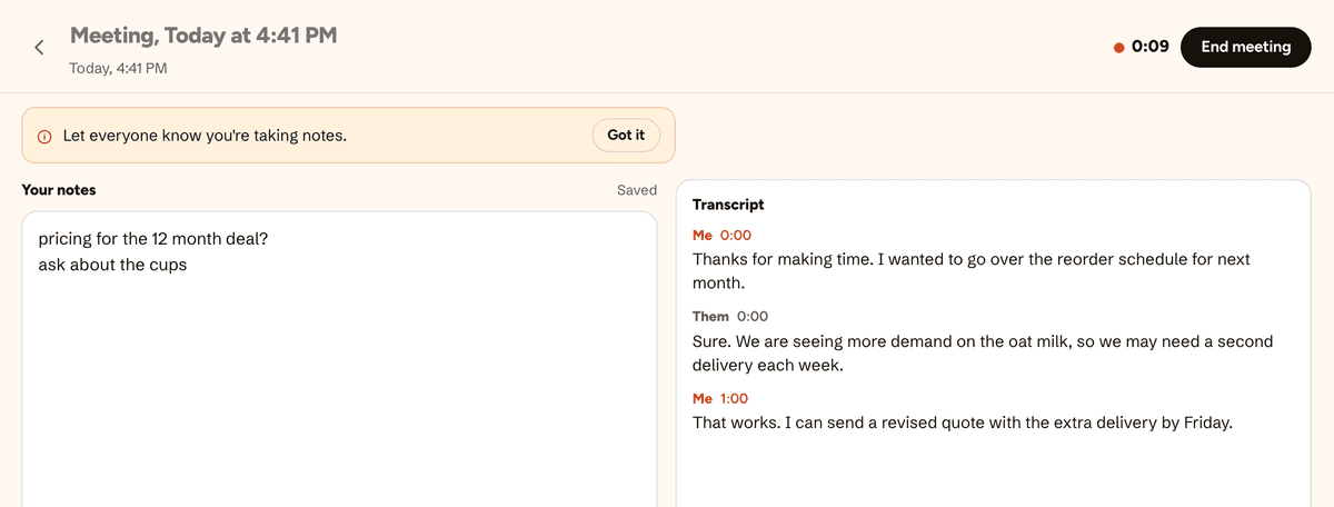 The live transcript in the HeyBob app during a meeting, with Me for your microphone and Them for everything your computer plays.