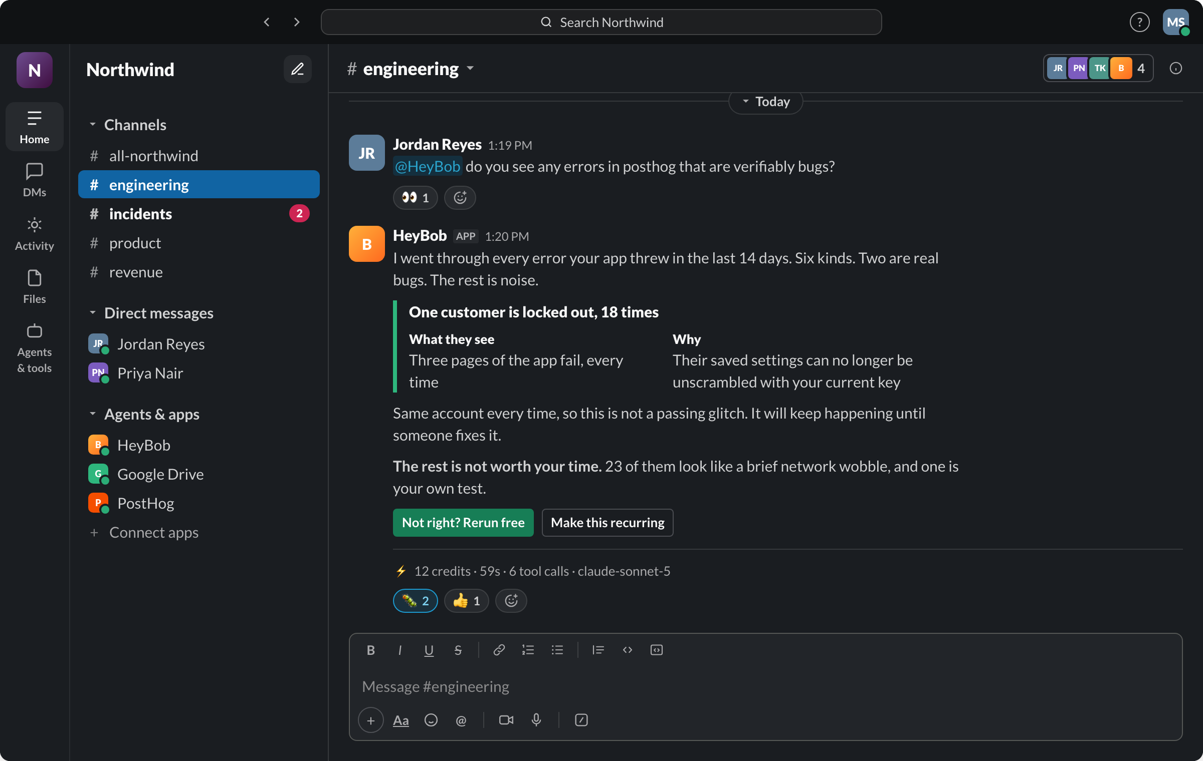 Slack: an engineer asks HeyBob whether there are real bugs in the logs. He reports six kinds of error, two real bugs, one customer locked out eighteen times, and a receipt reading 12 credits, 59 seconds, 6 tool calls.
