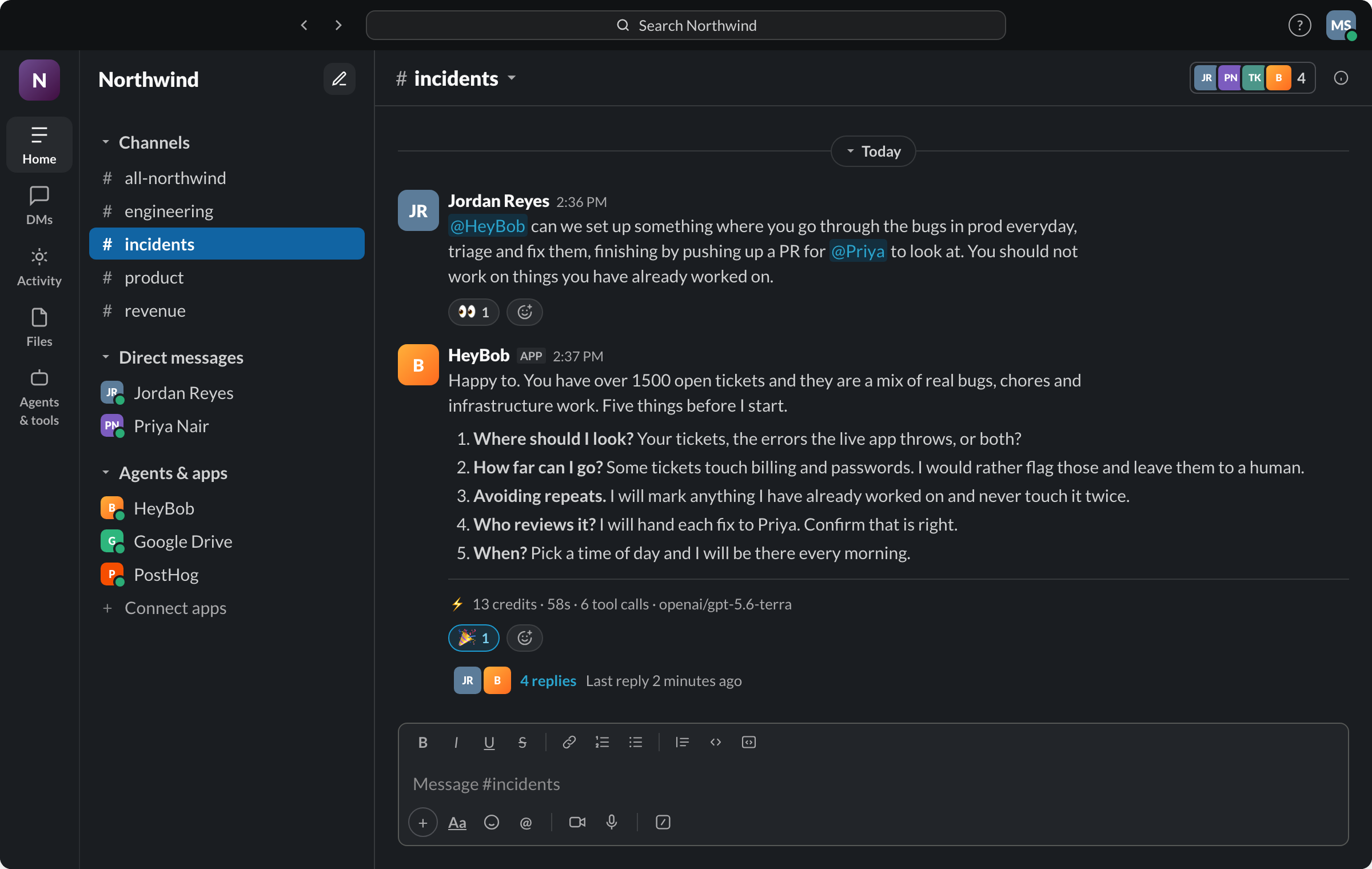 Slack: before touching 1,500 open tickets, HeyBob asks five questions: where to look, how far he can go, how to avoid repeats, who reviews the fix, and what time to run.