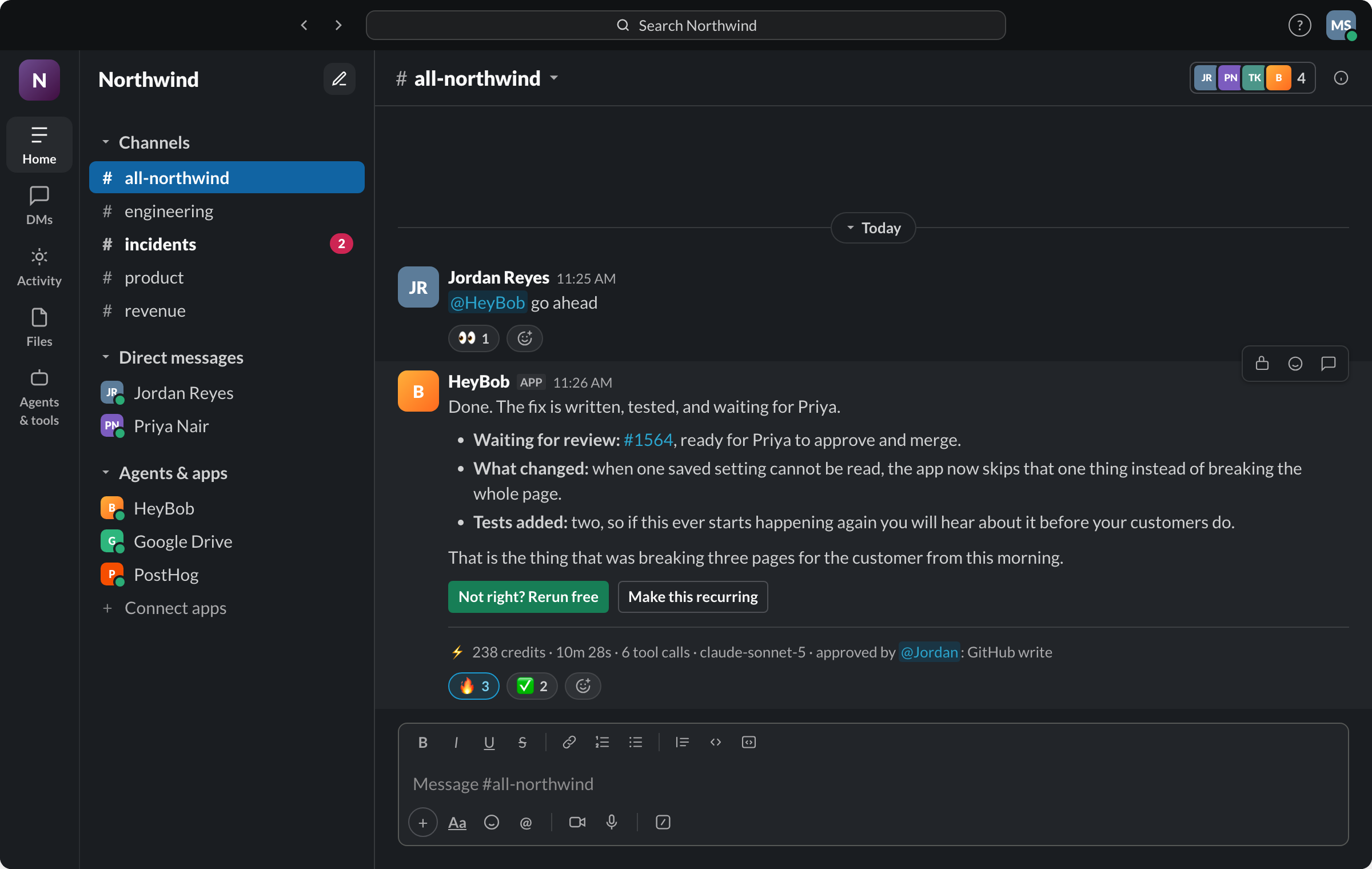 Slack thread where HeyBob reports a fix written, tested and waiting for review, with a receipt naming who approved the GitHub write.